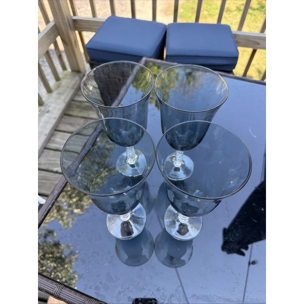 Blue Gorham Crystal Goblets Clear Crackle Stem Blown Glass Set of 4